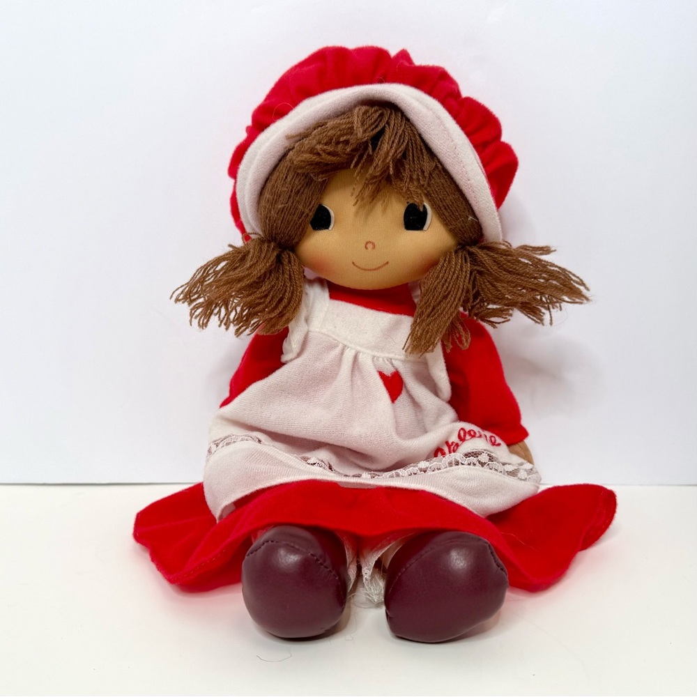 Vintage Red Rag Doll Plush with Bonnet